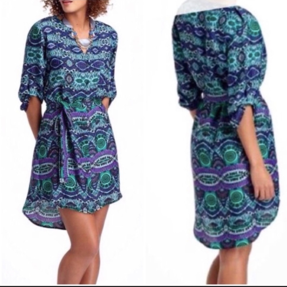 Anthro Maeve Aztec button down tie waist dress
